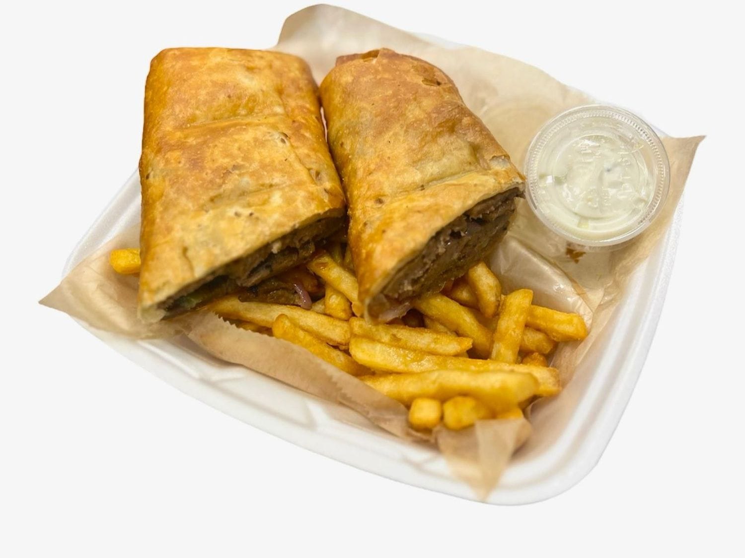 Crispy gyro sandwich wrapped in a tortilla with fries at Mayo Grill in Aurora