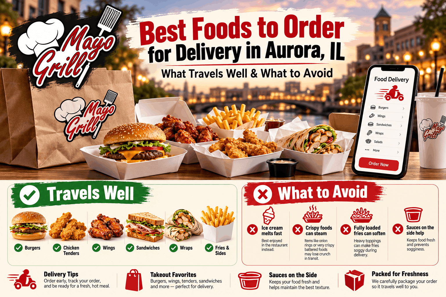 Mayo Grill delivery food in Aurora, IL featuring burgers, chicken wings, tenders, sandwiches, wraps, fries, and takeout options that travel well.
