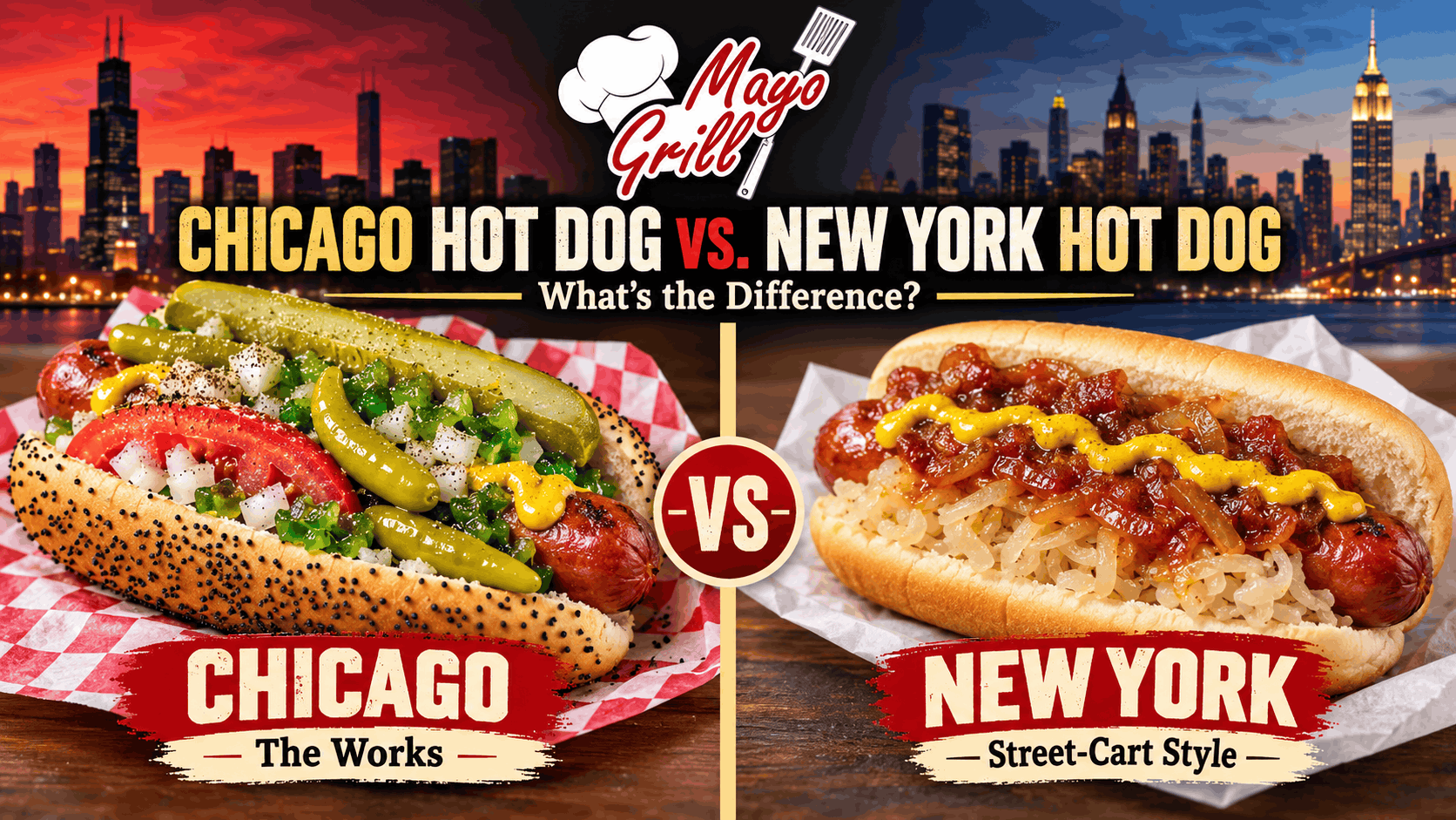 Side-by-side comparison of a Chicago-style hot dog with mustard, relish, pickle, tomato, and sport peppers and a New York-style hot dog topped with sauerkraut, onion sauce, and mustard.