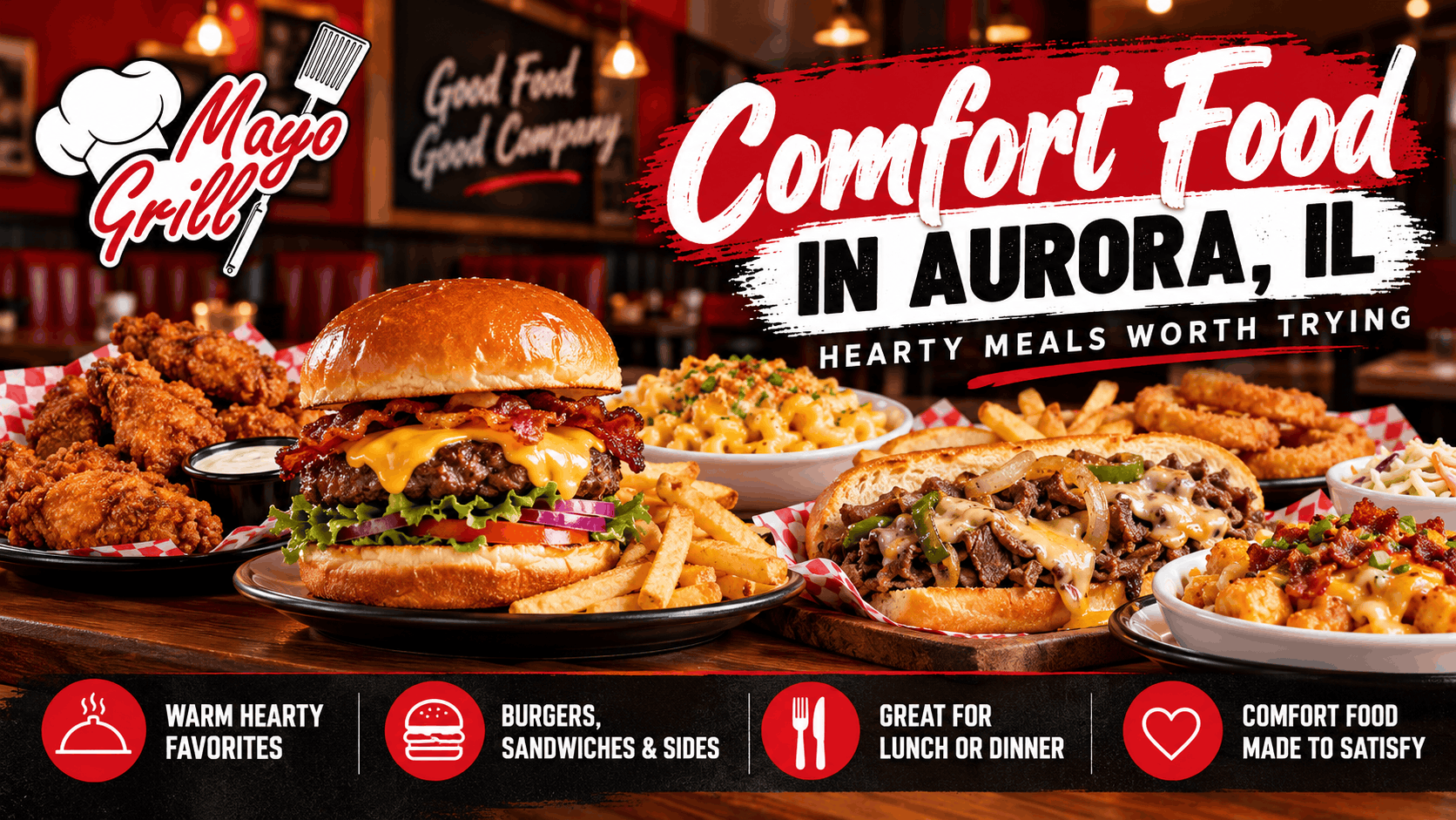 Comfort food spread with Italian beef, burgers, gyros, wings, fries and seafood in Aurora IL