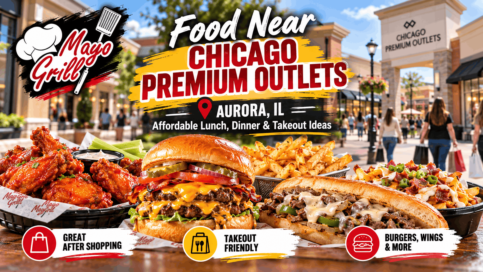 Italian beef, burgers, wings, gyros and seafood at a restaurant in Aurora IL after shopping at Chicago Premium Outlets