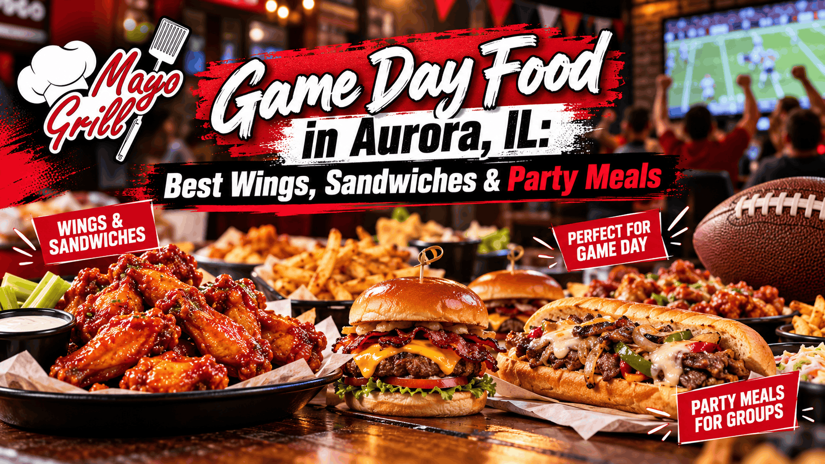 Game day food spread in Aurora Illinois with chicken wings, Italian beef, sandwiches, burgers and loaded fries for a football watch party