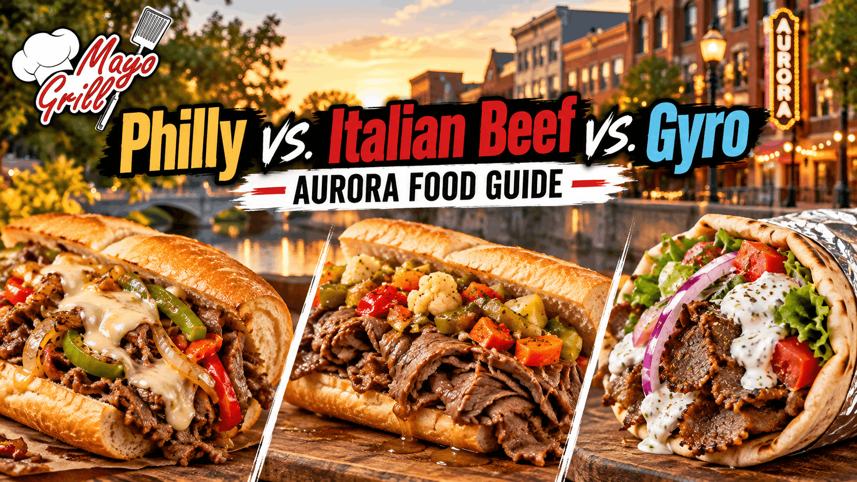 Philly cheesesteak, Italian beef and gyro sandwiches representing popular foods in Aurora Illinois