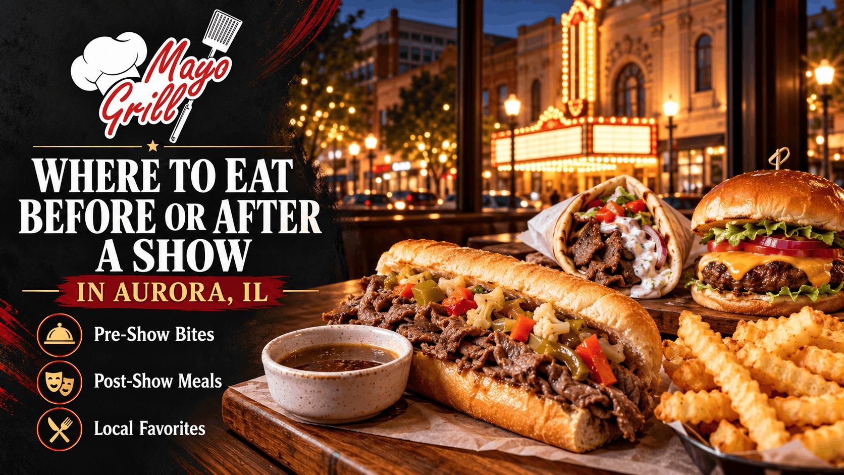 Italian beef sandwich, gyro, cheeseburger, and fries featured alongside an illuminated theater in Aurora, Illinois, highlighting Mayo Grill as a dining option before or after a show.